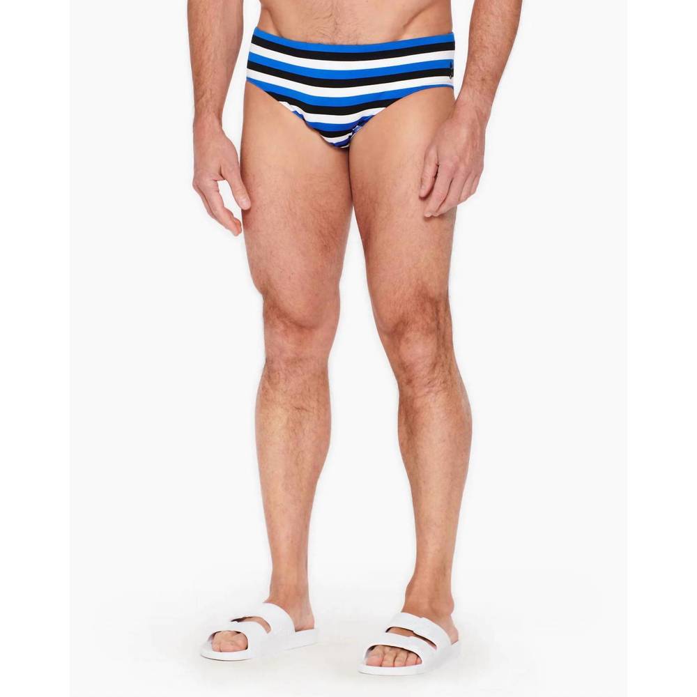 Men's Blue and Black Striped Swim Trunks